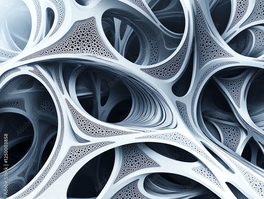 Poster intricate abstract design showcasing interconnected forms and textures in cool-toned colors