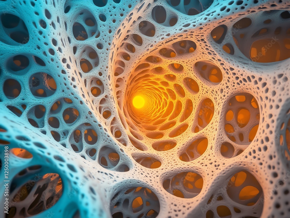 Poster intricate swirling patterns create a luminous tunnel effect with vibrant colors and organic textures