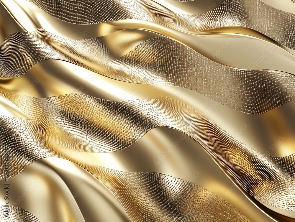 Poster shimmering golden fabric draped in elegant waves with intricate patterns glinting under soft light