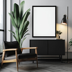 A blank white poster frame on the wall of an apartment, mid-century modern interior design, minimalistic, clean lines, black and neutral tones, Feng Shui-style decor, large window with natural 