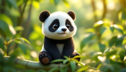 Fototapeta premium Cute Panda Cub Sitting on Bamboo Branch in Lush Green Forest