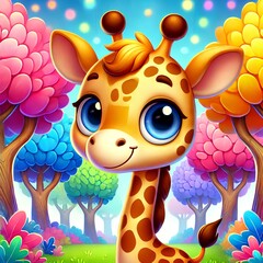 Cartoon Baby Giraffe in Vibrant Fantasy Jungle &ndash; Children&rsquo;s Illustration