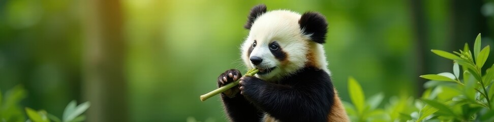 Adorable fluffy panda bear cub, bamboo eating, bush, bamboo, animal