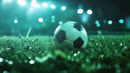 Fototapeta premium Soccer Ball Rests on Grass Under Night Lights: A Night Game's Quiet Moment
