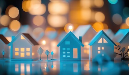 Miniature Houses Illuminate Night, Cozy Suburban Dream, Peaceful Neighborhood, Glowing Windows, Serene Atmosphere, Tranquil Village, Charming Homes, Night Lights, Model Homes, Illuminated Houses.