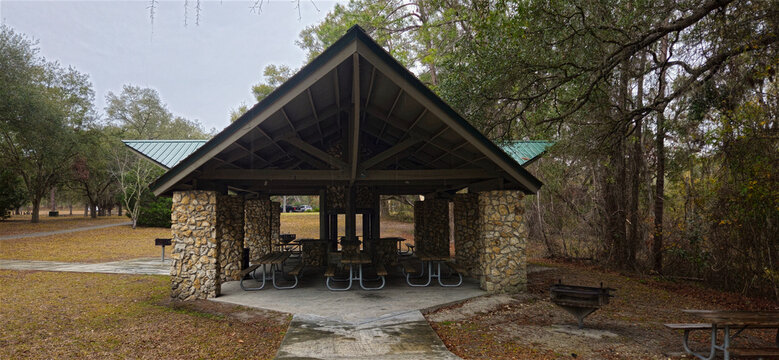 a shelter house at a park 