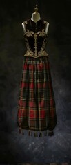 Scottish Stewart tartan court dress floats, velvet bodice boasts gold celtic knotwork embroidery, dramatic lighting highlights textiles hands