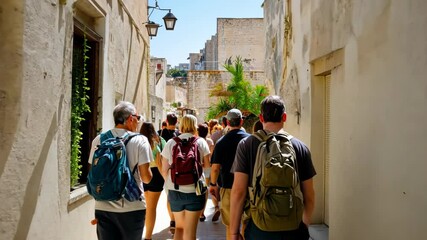 walking group exploring historic landmarks, led by expert guide, dynamic and interactive narration, vibrant and picturesque surroundings, clear and sunny day