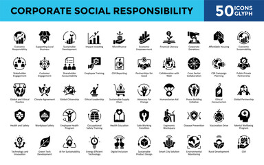 Corporate Social Responsibility icons set with economic responsibility, supporting local business, sustainable development, impact investing, microfinance icon. Simple glyph vector 
