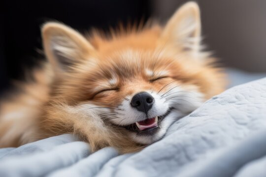 Happy smiling pomeranian spitz dog sleeping on cozy blanket. World Animal Day greeting card. Pet appreciation concept. National Pet Day banner. Dog lovers day. Cute sleeping puppy with copy space