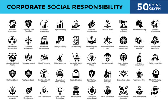 Corporate Social Responsibility icons set with economic responsibility, supporting local business, sustainable development, impact investing, microfinance icon. Simple glyph vector 
