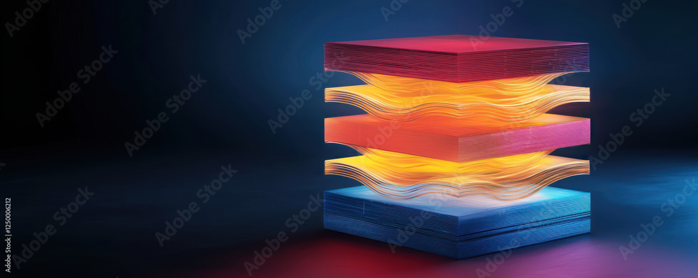 Poster dynamic layers of colorful material with glowing light effects