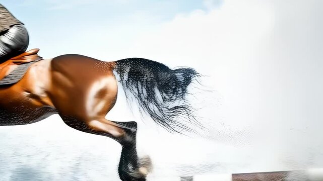 Spectacular Equestrian Show Jumping Display with Water Splash