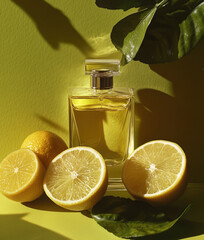 Bottle of perfume with lemons