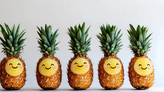 adorable pineapples with smiling faces drawn on white background, playful and cheerful design, minimalistic cute illustration