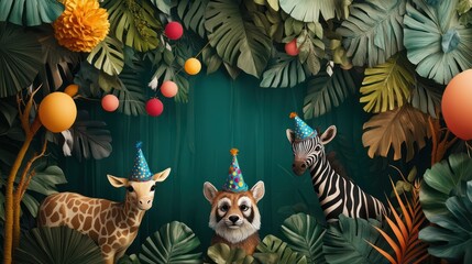 A jungle-themed birthday setting with lush green foliage, wild animals in party hats, and colorful decorations hanging from trees, creating a festive atmosphere.