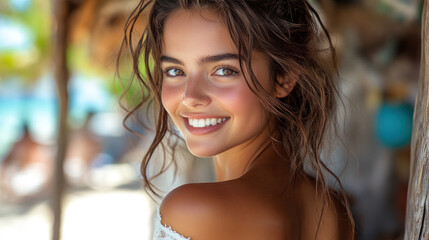 Fototapeta premium Brunette woman in white dress smiling enjoying seaside on Isla Mujeres beach