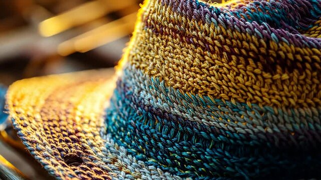 Close-up of vibrant textures on handcrafted hat, golden sunlight illuminating tools, warm tones creating artistic ambiance, focus on skill and detail