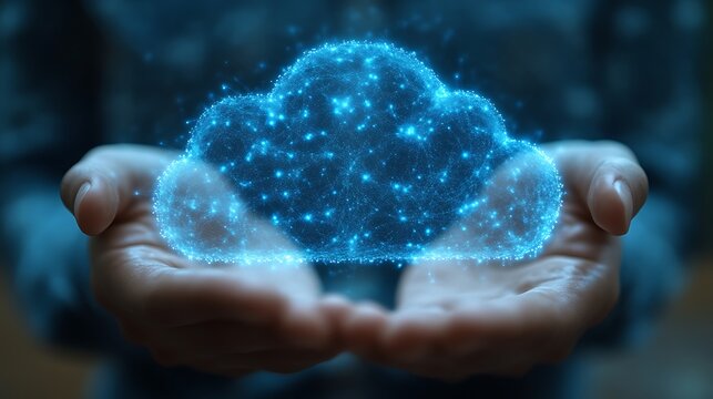 Digital cloud data network being held in human hands with glowing blue particles