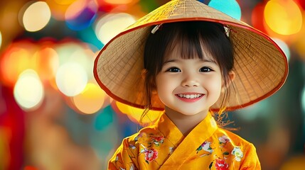 Delightfully Beaming Vietnamese Child in Iconic Ao Dai and Conical Hat Capturing the Essence of Vietnamese Culture and Festivity  The image showcases a young