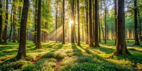 Fototapeta premium A sunny day in the forest with dappled sunlight filtering through the leaves of towering trees, revealing a carpet of soft moss and wildflowers, natural scenery, bright light, branches