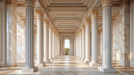 Sunlit classical colonnade with marble walls and gold accents.