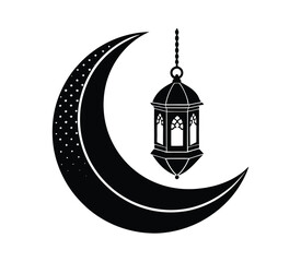  A collection of hanging light and Moon  for an Eid and Ramadan celebration decorative theme, black contour vector art.


