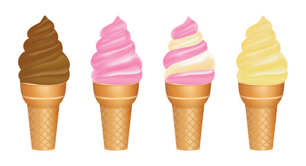 Set illustration of four soft-serve ice cream cones in different flavors, including chocolate, strawberry, vanilla-strawberry swirl, and vanilla. Each cone features a crispy waffle cone base