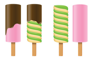 Set illustration of four different ice cream popsicles. Designs include chocolate-dipped pink popsicles, green and vanilla swirled popsicles (one with chocolate coating), and a plain pink popsicle.