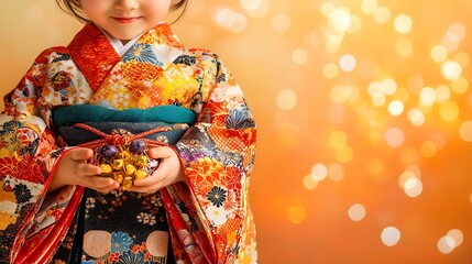 Naklejka premium Elegantly Dressed Japanese Girl in Traditional Vibrant Floral Kimono with Ornate Colorful Obi Belt Celebrating Cultural Heritage and Tradition