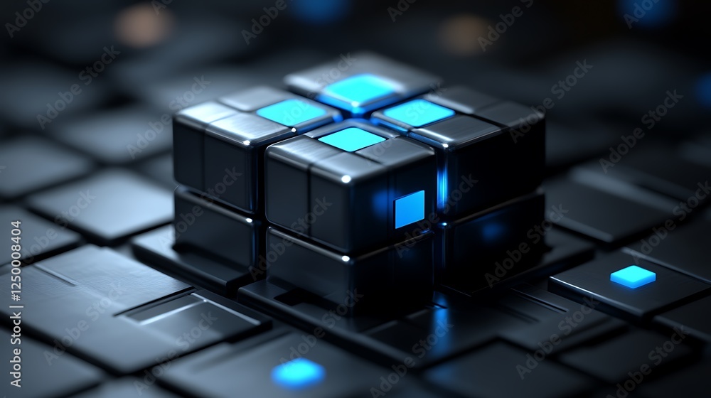 Poster a futuristic 3d rendered cube with glowing blue elements resting on a dark grid