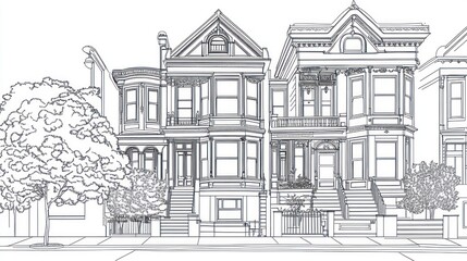 Victorian houses, city street, architectural drawing, residential area, real estate