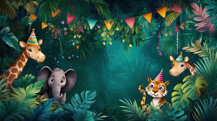 A jungle-themed birthday setting with lush green foliage, wild animals in party hats, and colorful decorations hanging from trees, creating a festive atmosphere.