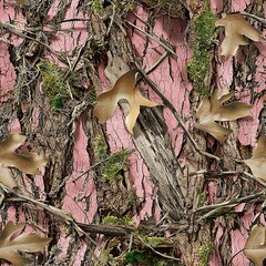 Pink Oak Tree Bark, Mossy Oak Tree with Oak Leaves Foliage Camo Seamless Pattern Texture