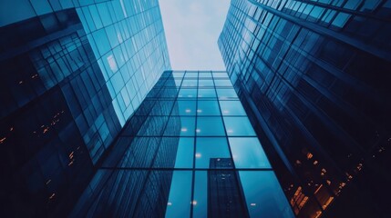 Low angle view of modern glass skyscrapers.