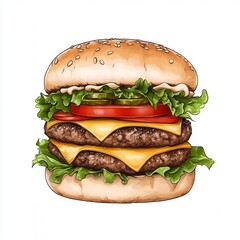 Double Cheeseburger with Sesame Bun and Pickles Watercolor Style Illustration
