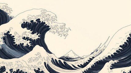 Stylized ocean wave art with mountain in background.
