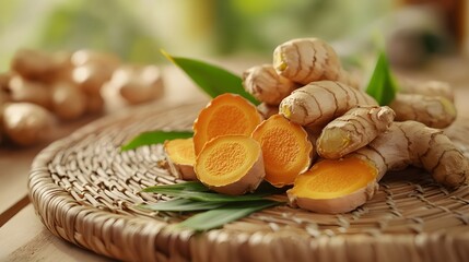 Close up of fresh organic ginger and turmeric roots displayed on a woven rattan basket surrounded by green leaves  The vibrant colors and natural textures create a soothing wholesome