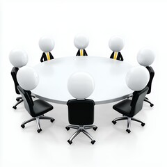 Eight Faceless Figures in Suits Around a Round Table Meeting