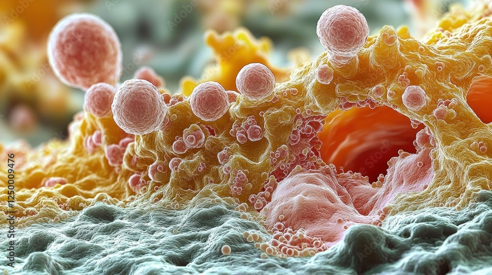Poster a vibrant visualization of cellular structures, revealing intricate details and textures. the image 