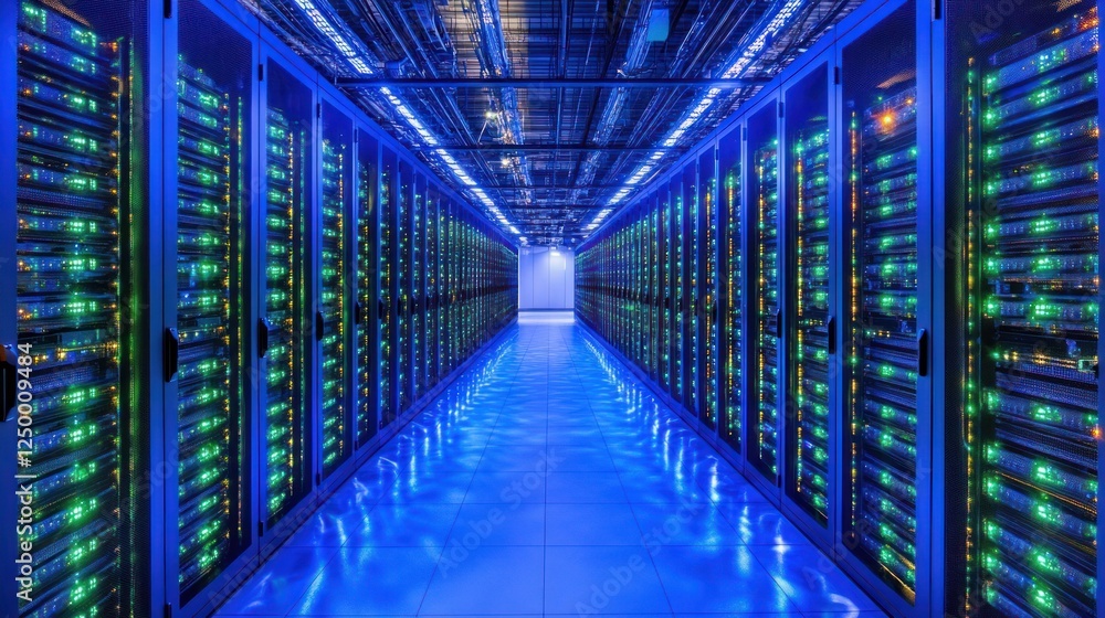 Poster illuminated server racks in a modern data center