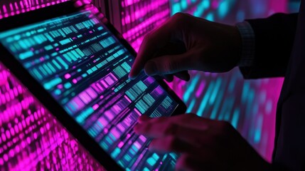Person using tablet displaying data in server room.