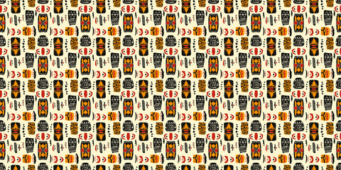 Abstract African art shapes seamless backgrounds, tribal geometric decoration patterns. Colored flat boho symbols illustrations	
