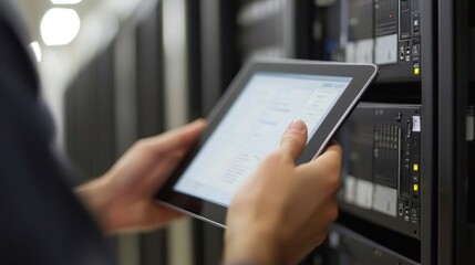 Technician uses tablet to monitor server room.