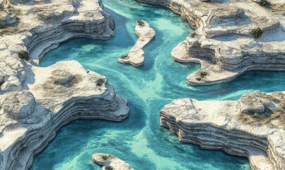Aerial view of turquoise river winding through rocky landscape
