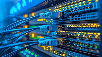 Illuminated server room with flashing blue LED lights and network switches showcasing the advanced technology and infrastructure of a data center or telecommunications hub