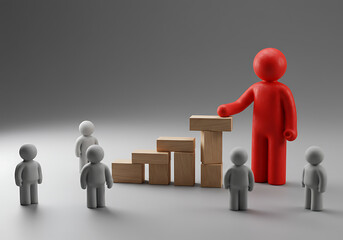 Red Figure Leading Team Towards Growth With Wooden Steps