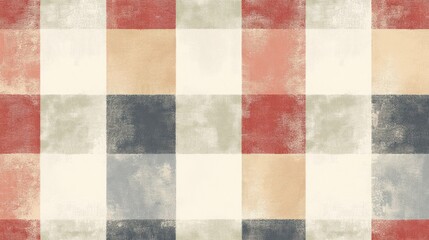 Distressed gingham fabric texture in muted red, beige, gray.