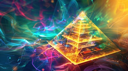 A glowing financial pyramid made of lines and symbols, set against a vibrant abstract background with swirling colors, representing wealth and structure.