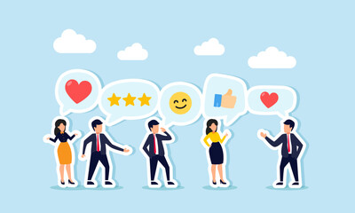 Businesspeople gather and discuss appreciation, with icons like hearts, happy emoticons, stars, and thumbs-up appearing, illustration of appreciation for business performance